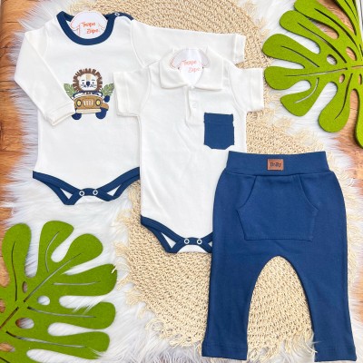  CONJ. DE MALHA 3 PEÇAS - Leãozinho com Jeep - Marinho e Off White